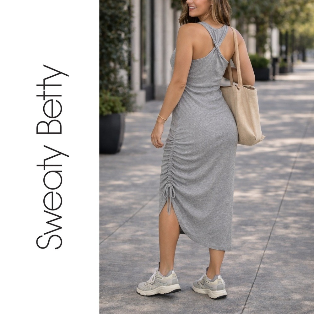 Sweaty Betty, Grey Ribbed Midi Dress Twist Racerback Ruched Side Size Small